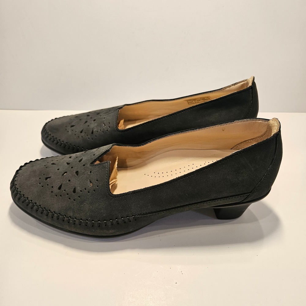 SAS Women Black Nubuck Leather Perforated Low Heel Pumps Shoes Size 8.5 W